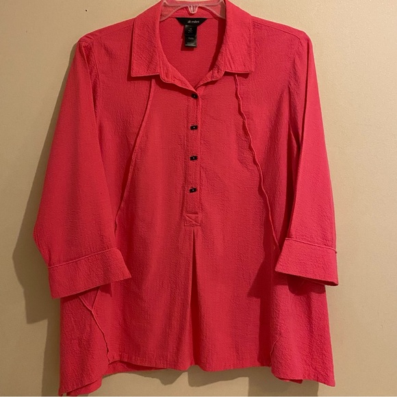 Ali Miles Top Women Size 1X Pink 3/4 Sleeve Henley Casual Basic Blouse Button - Picture 1 of 11